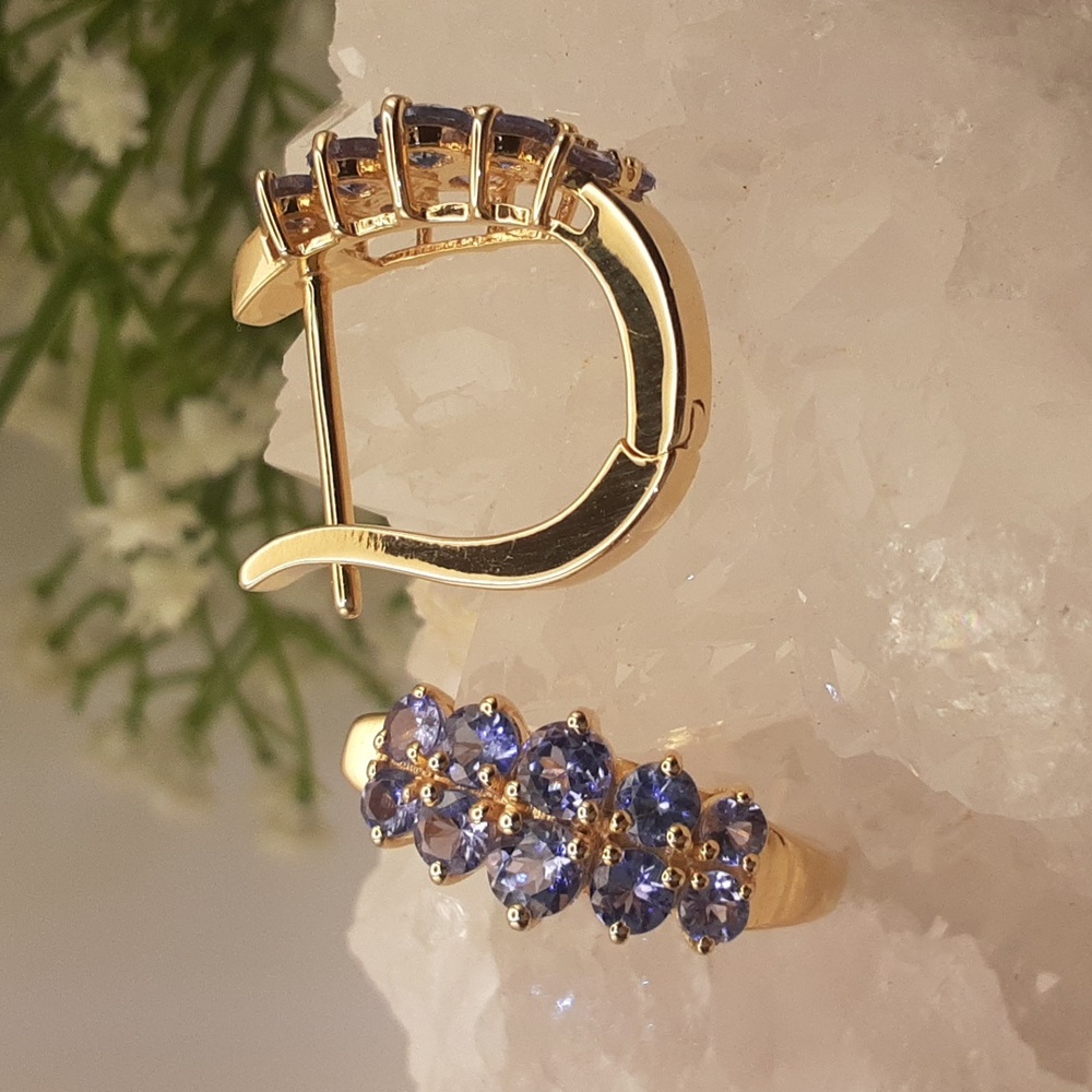 Yellow Gold Over 925, Genuine Tanzanite Hoop Earrings. - Picture 4 of 5